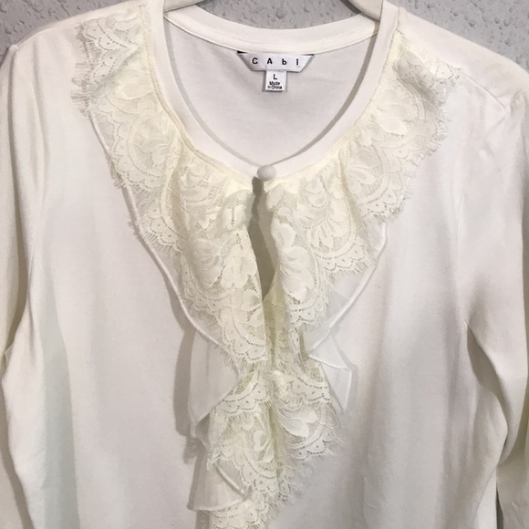 CAbi Off White Lace Ruffle Front Long Sleeve Stretch Knit T-Shirt size L - Picture 3 of 8